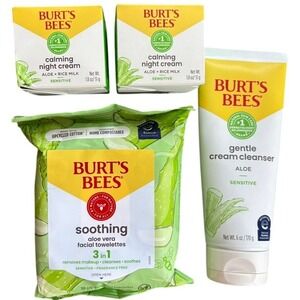 Burts Bees Calming Night Cream x2 Gentle Cream Cleanser Soothing Aloe Towelettes